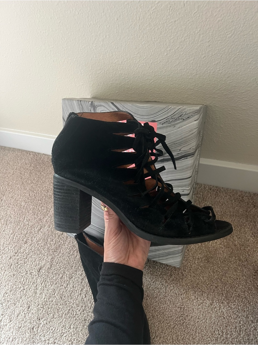 Jeffrey Campbell Black Suede Lace-Up Peep Toe Booties